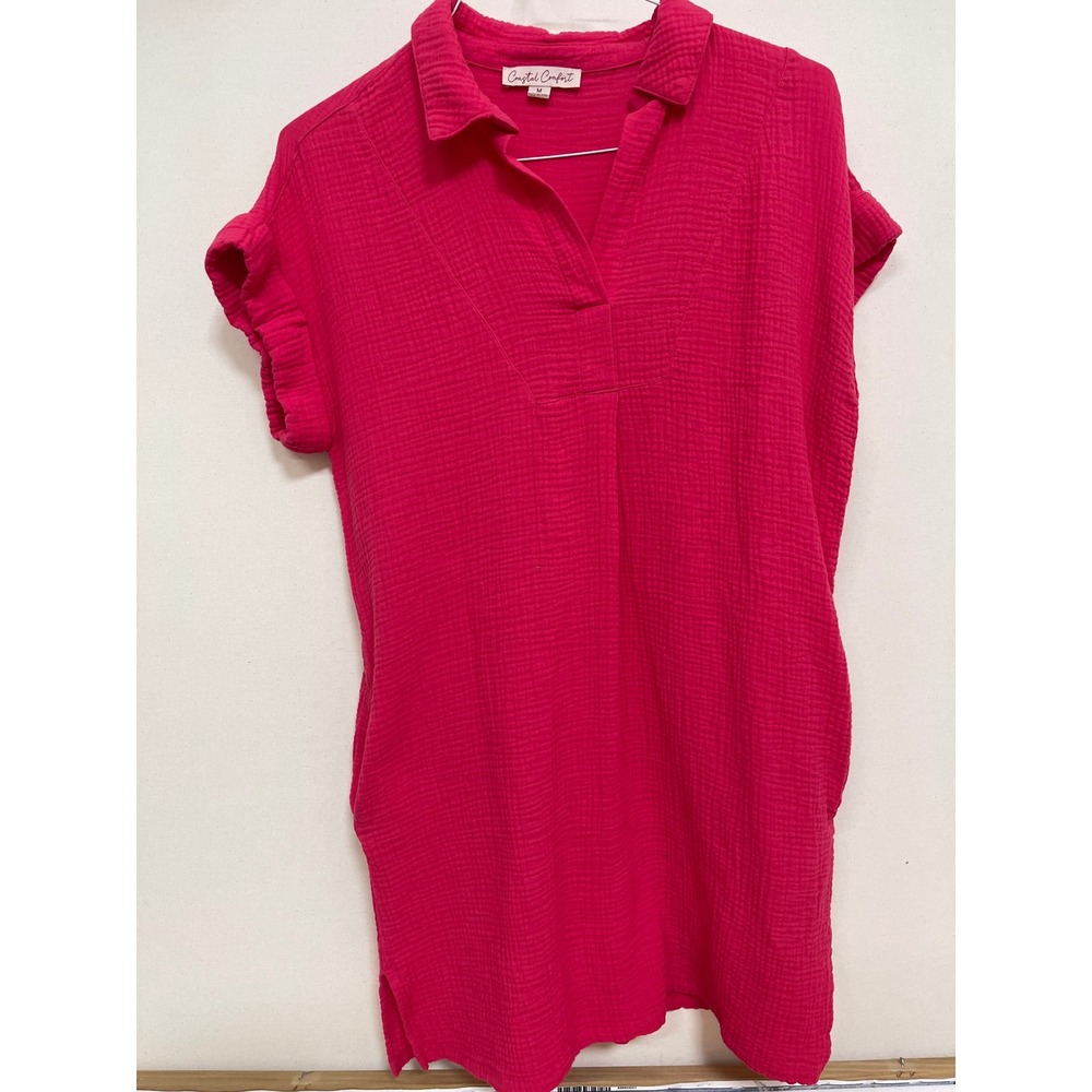 Coastal Comfort Magenta Pink Cotton Double Gauze Short Sleeve Tunic Dress M